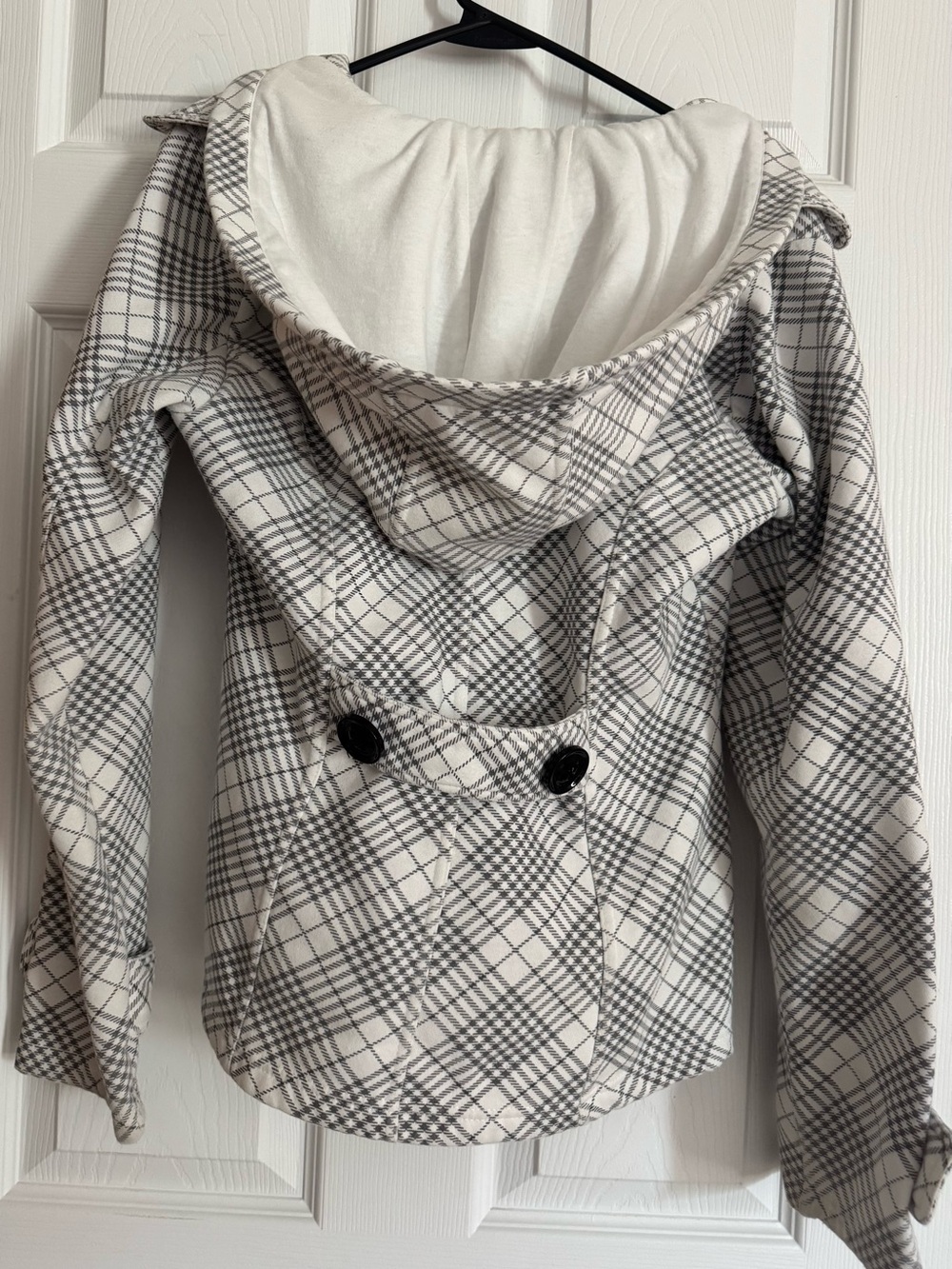 5/$30 Maurices Ivory and Gray Plaid Double-Breasted Peacoat - Picture 3 of 6